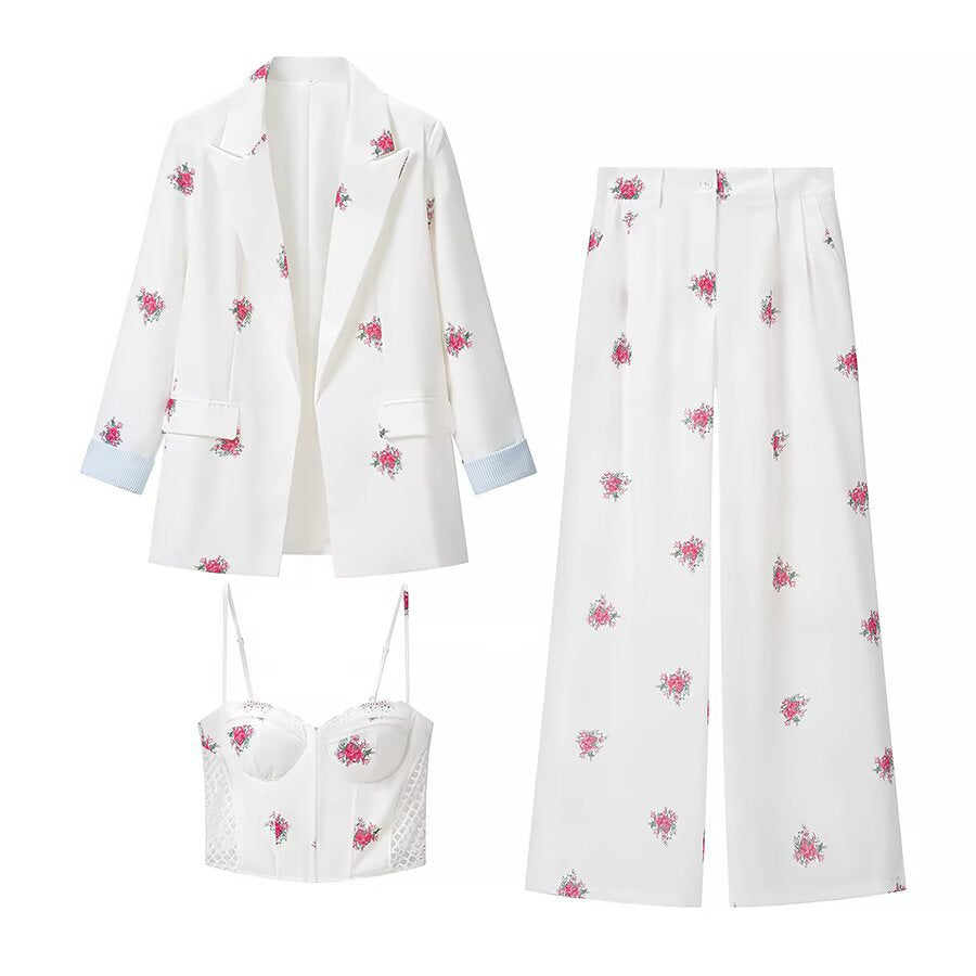 Women's Loose Longline Blazer with Floral Allover Print and Flap Pockets Mune Fashion
