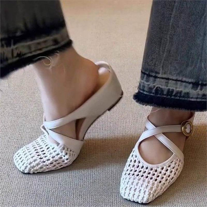 Women's Braided Mule Ballet Flats with T-Strap and Decorative Rose Appliqué Mune Fashion