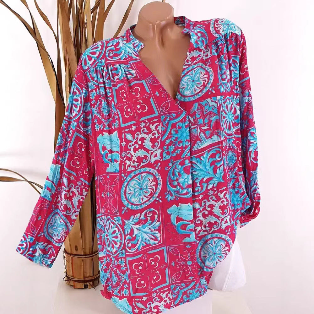 Ladies Viscose Tunic Blouse with V-Neck, Stand Collar and Gathered Shoulders Mune Fashion