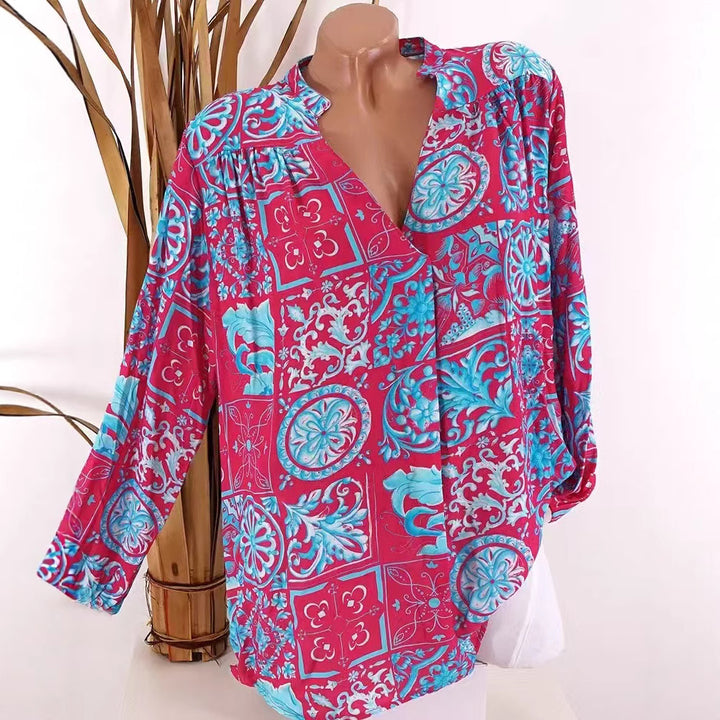 Ladies Viscose Tunic Blouse with V-Neck, Stand Collar and Gathered Shoulders Mune Fashion
