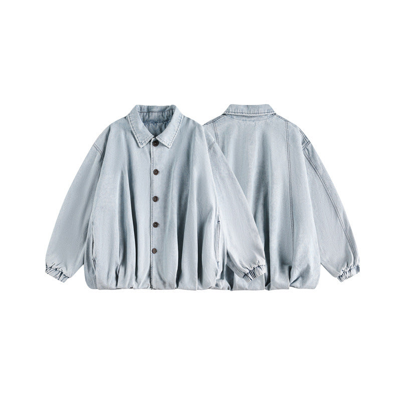 Unisex Lightweight Oversized Denim Jacket with Shirt Collar, Elastic Hem and Raglan Sleeves Mune Fashion