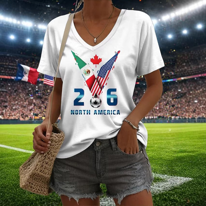 Women’s V-neck Retro Print T-shirt with Eagle Emblem and vintage-inspired Graphic Mune Fashion