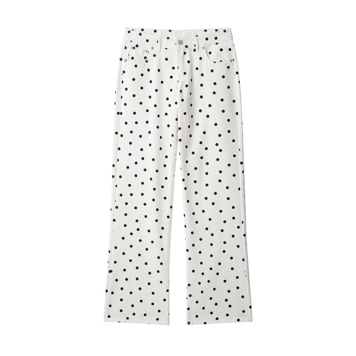 Women’s jeans trousers with wide legs, high waistband and polka dot print Mune Fashion