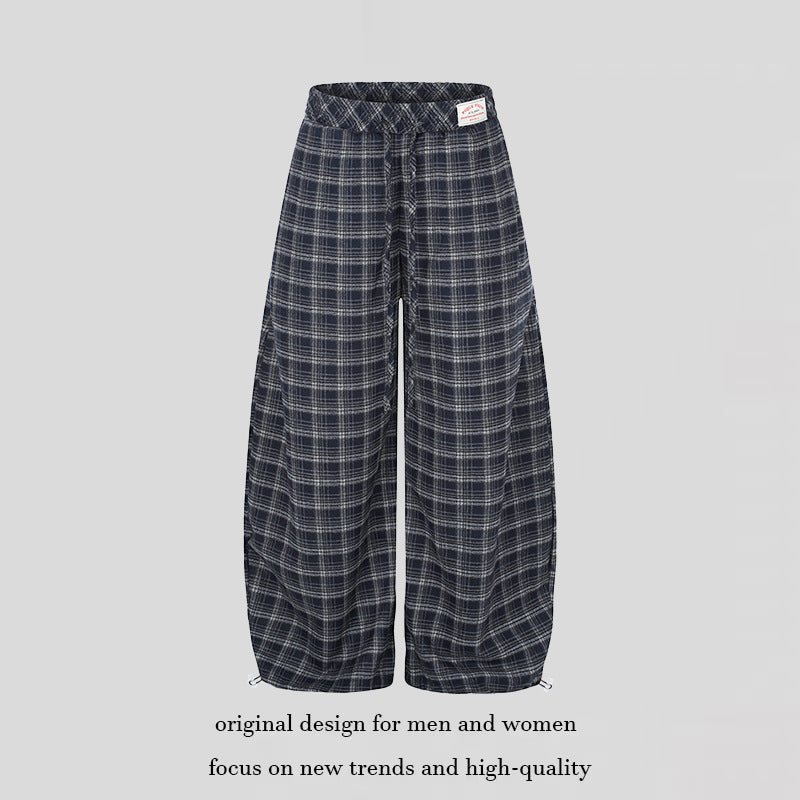 Women Checked Palazzo Pants in Loungewear Style with Wide Leg, Elastic Waistband and Drawstring