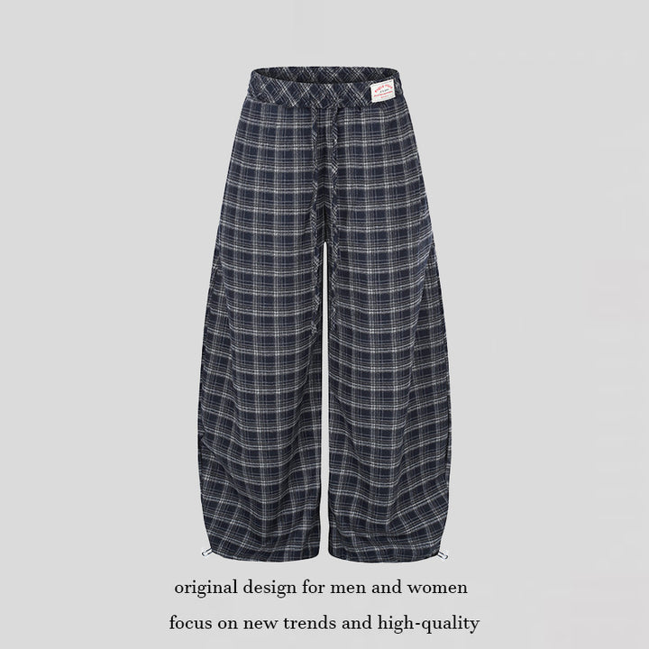 Women Checked Palazzo Pants in Loungewear Style with Wide Leg, Elastic Waistband and Drawstring