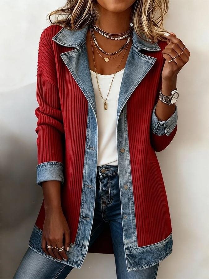 Women's Longline Knit Cardigan with Denim Collar and Hem Trim Mune Fashion
