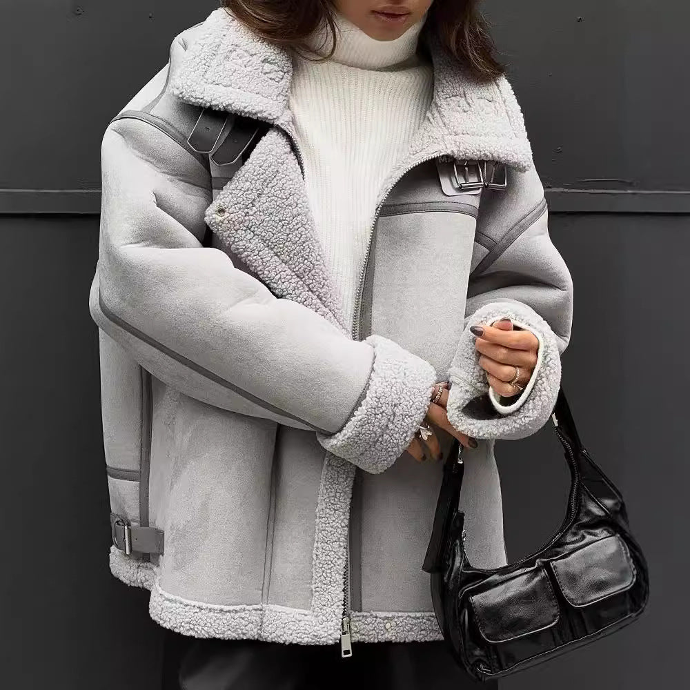 Women's Wide Cut Lambskin Imitation Flight Jacket with Faux Fur Lining Mune Fashion