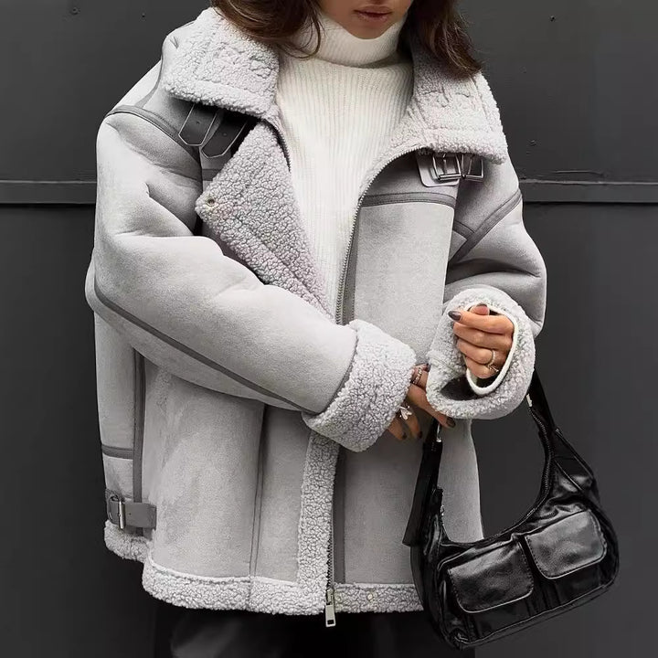 Women's Wide Cut Lambskin Imitation Flight Jacket with Faux Fur Lining Mune Fashion