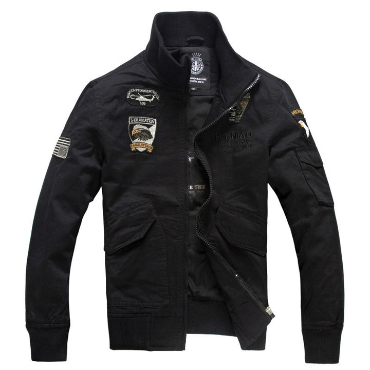 Men's Aviator Canvas Blouson with Embroidered Patches, Stand Collar and Multi-Functional Flap Pockets Mune Fashion