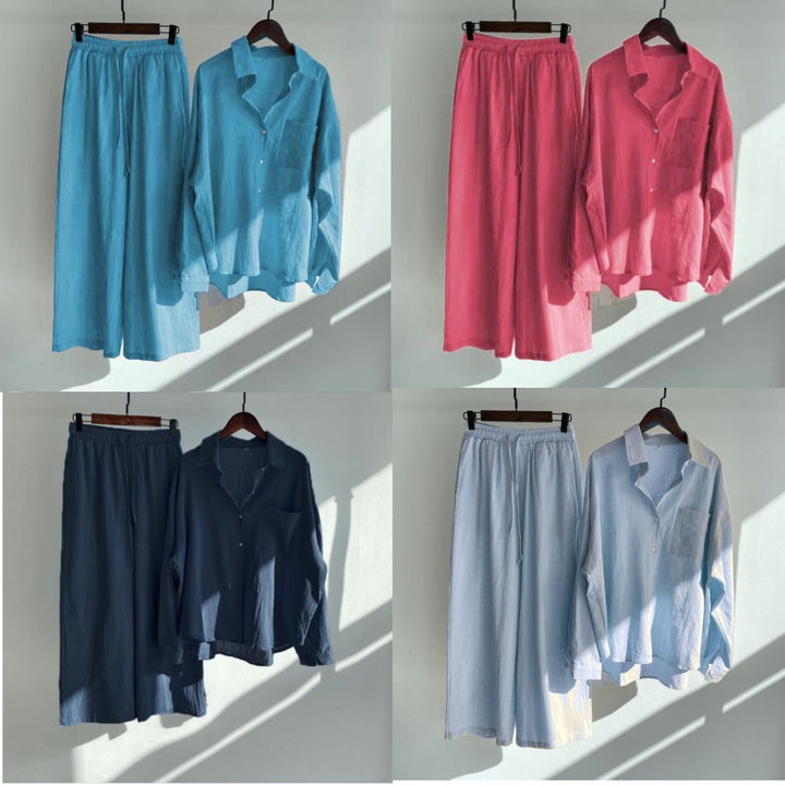 Women's Loose-Fitting Two-Piece Viscose Loungewear Set with Shirt Blouse and Wide Palazzo Pants Mune Fashion