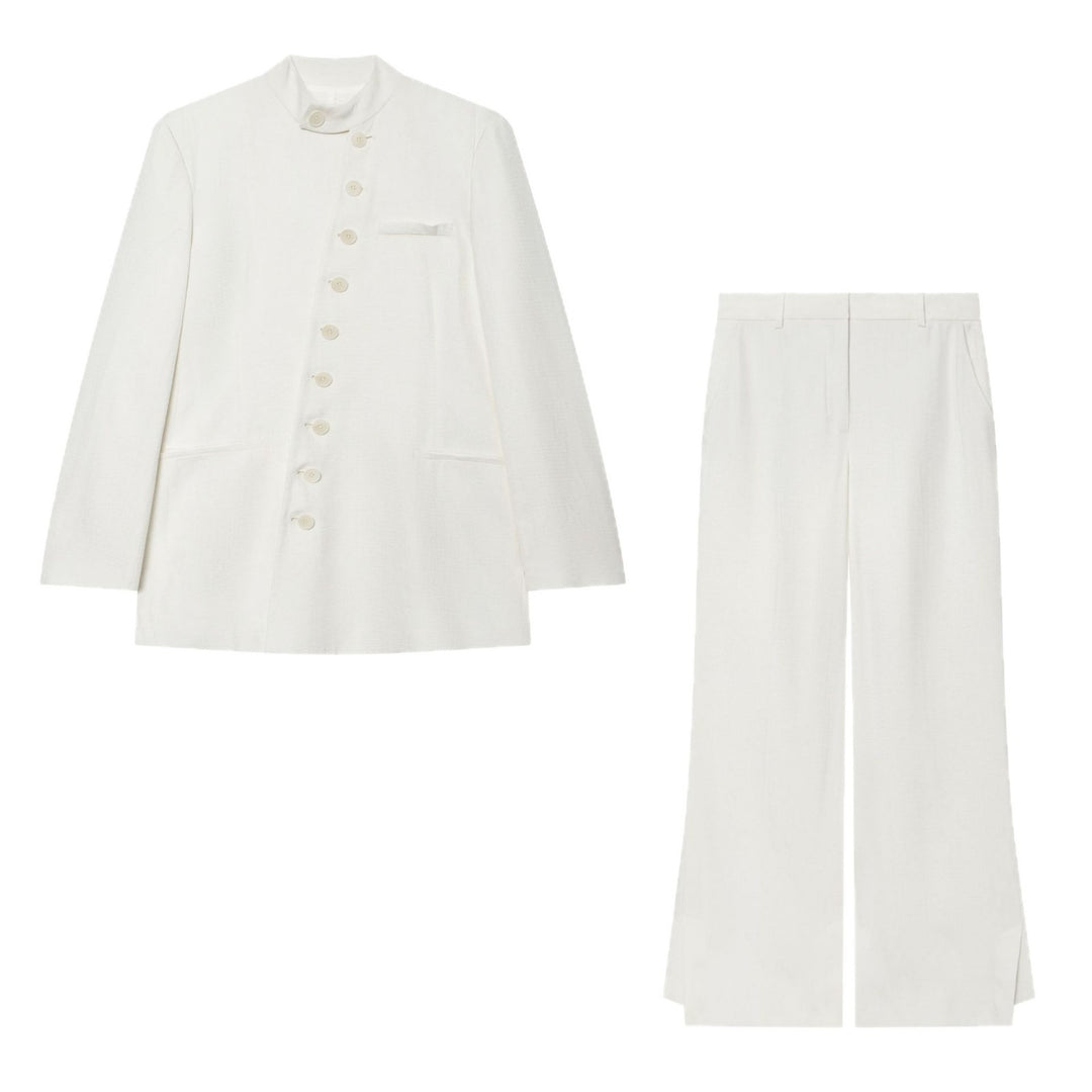 Women Light Boucle Blazer with Stand-up Collar and Button Placket Mune Fashion