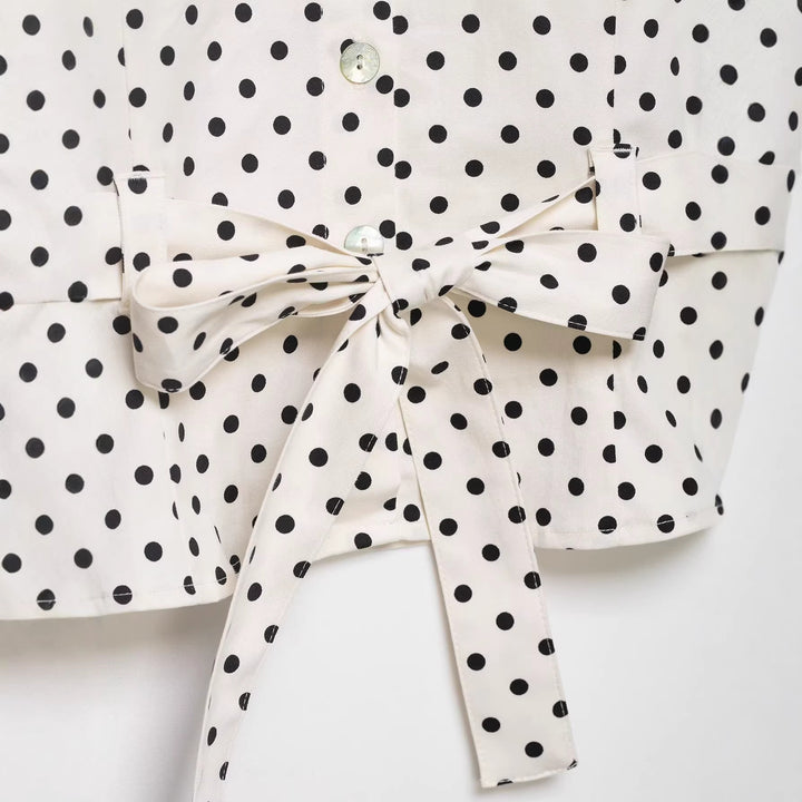 Women's Tailored Blouse Jacket with Stand Collar, Tie Belt and Polka Dot Print Mune Fashion