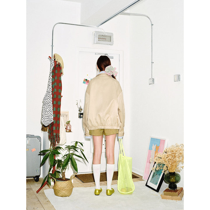 Women short cut boxy blouson jacket with striped shirt collar Mune Fashion