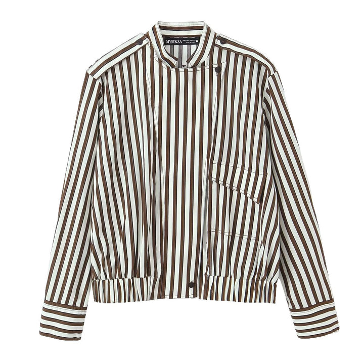 Women's Striped Blouson Shirt Blouse with Stand Collar, Shoulder Epaulettes, and Elastic Hem Mune Fashion