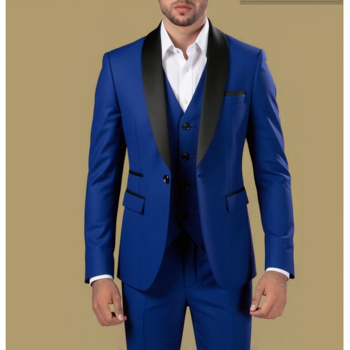 Men's Tailored Three-Piece Tuxedo with Shawl Collar and Satin Lapel Mune Fashion