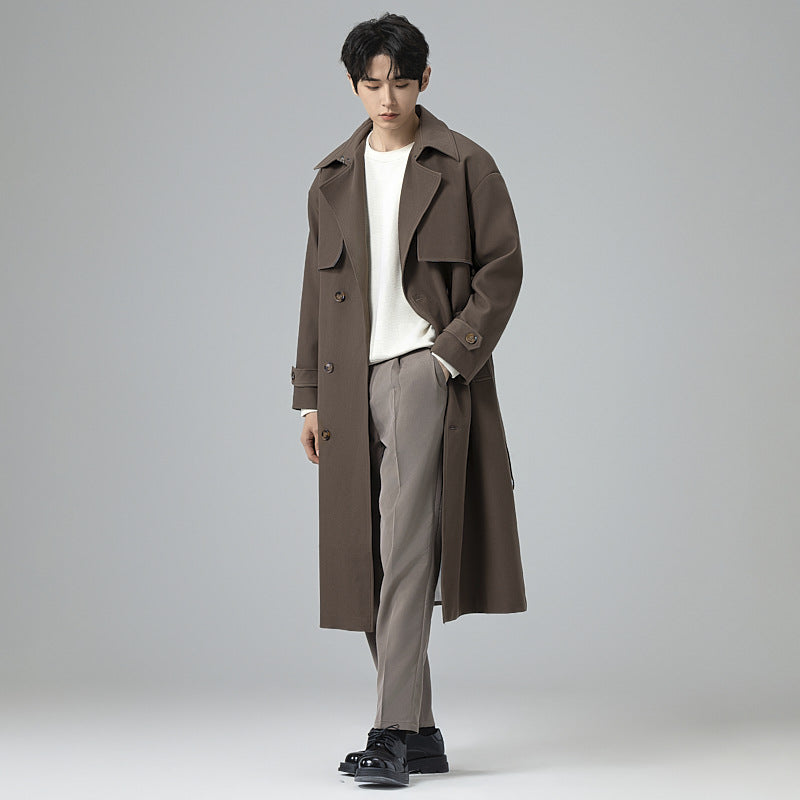Men's trench coat in minimalist double-breasted design with wide shawl collar and waist belt Mune Fashion