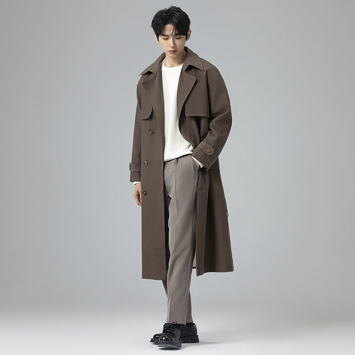Men's trench coat in minimalist double-breasted design with wide shawl collar and waist belt Mune Fashion