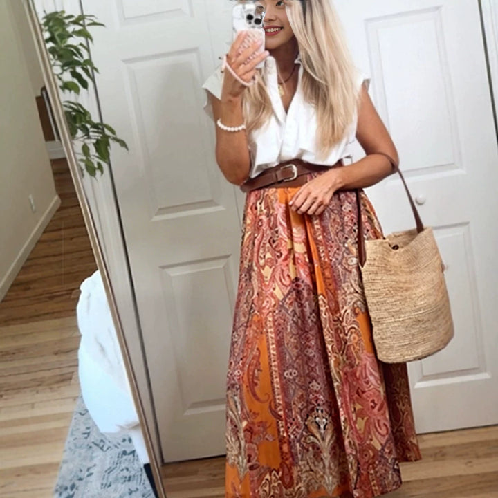 Ladies Airy Maxi Skirt with Paisley Print, Pleated Look and Waist-Emphasizing Pleat Mune Fashion