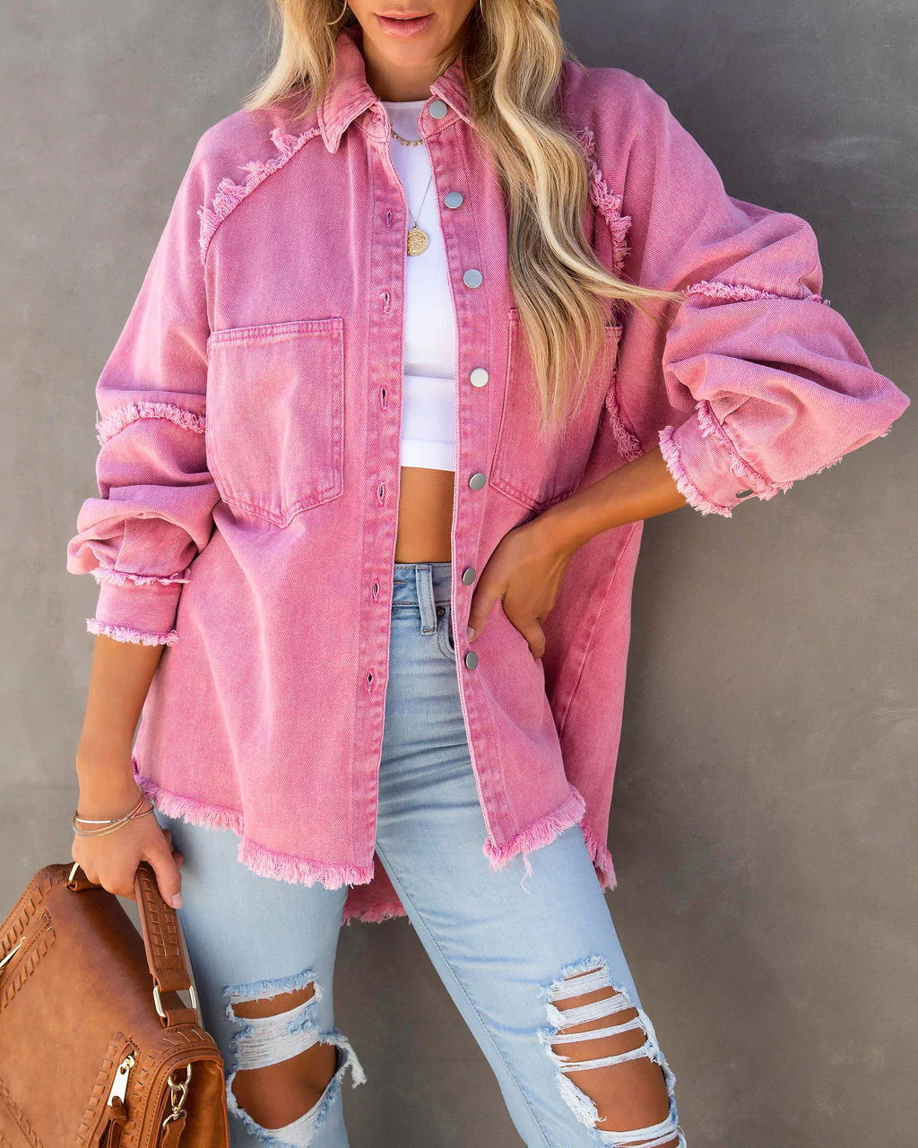 Women oversized shirt jacket in used look with frayed edges and patch pockets Mune Fashion