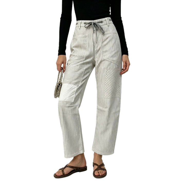 Women nan High-Waist Relaxed Pants with vertical stripe pattern, patch knee patches and drawstring Mune Fashion