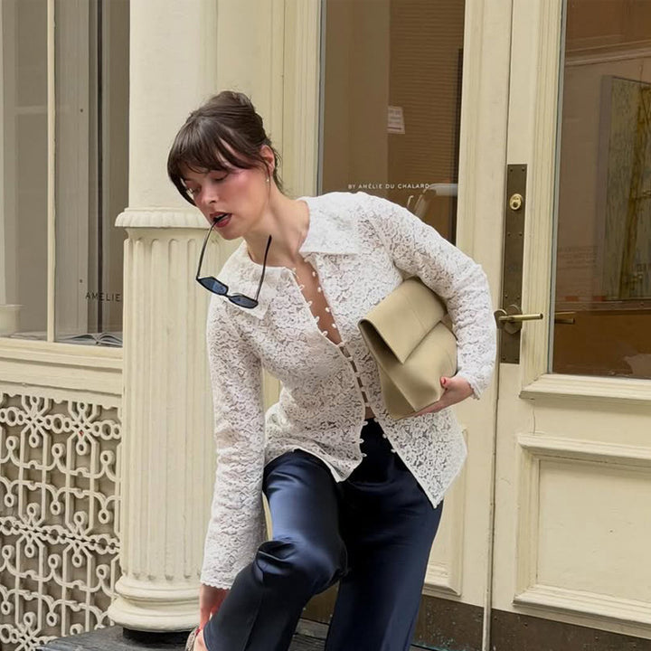 Women's lace blouse with floral lace, shirt collar and fabric ball button placket Mune Fashion