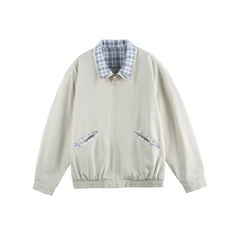 Unisex Lightweight Zip-Over Jacket in Boxy Cut with Check Collar and Elastic Hem Mune Fashion