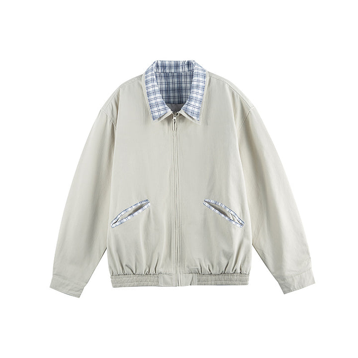 Unisex Lightweight Zip-Over Jacket in Boxy Cut with Check Collar and Elastic Hem Mune Fashion