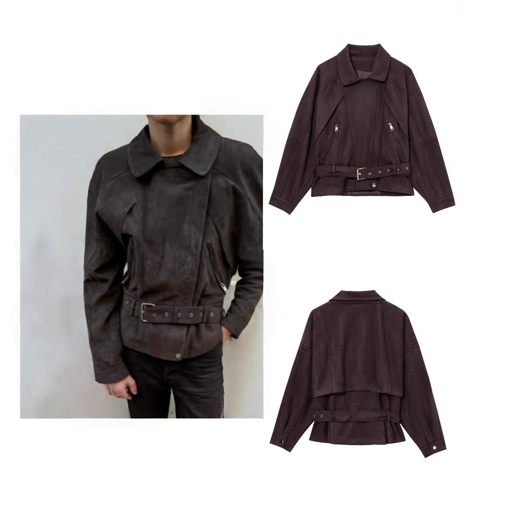 Women Short Suede Look Trench Coat with Waist Belt and Zipper Details Mune Fashion