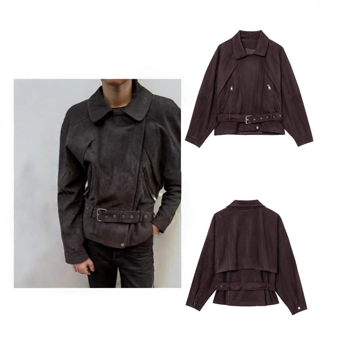Women Short Suede Look Trench Coat with Waist Belt and Zipper Details Mune Fashion