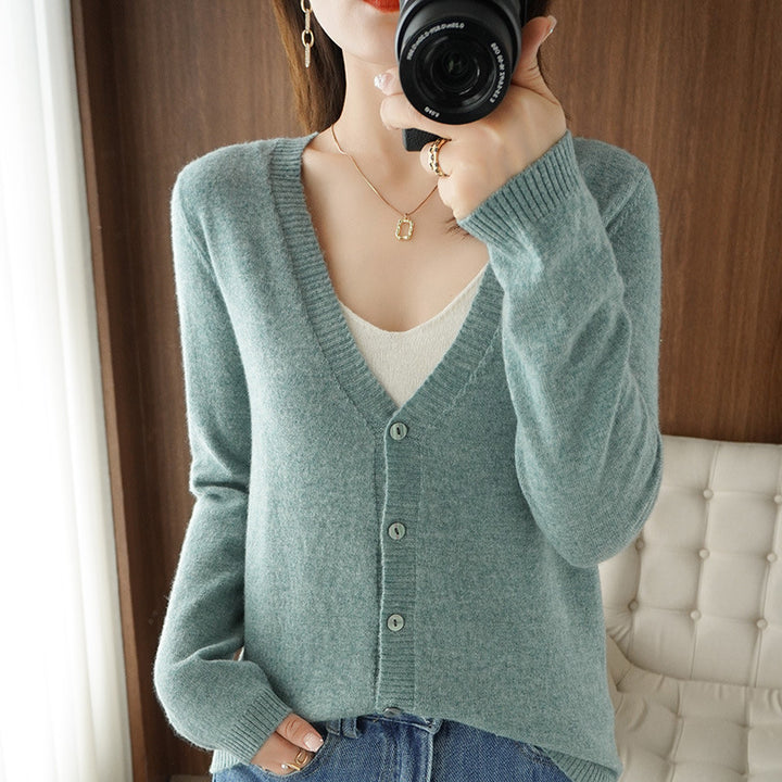 Ladies Light V-Neck Cardigan made of Cashmere Mix with Fine Rib Edge Mune Fashion