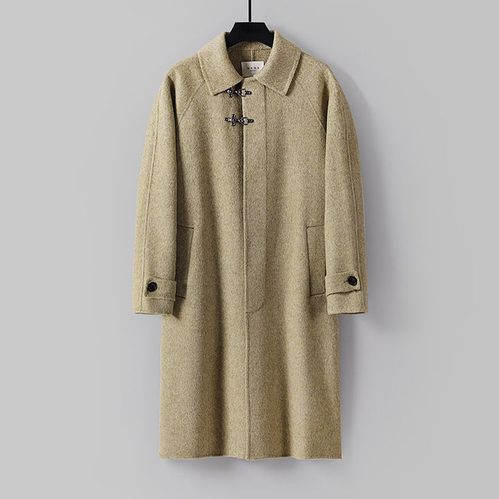 Men's Straight Wool Blend Long Coat with Concealed Front and Decorative Toggle Closures Mune Fashion