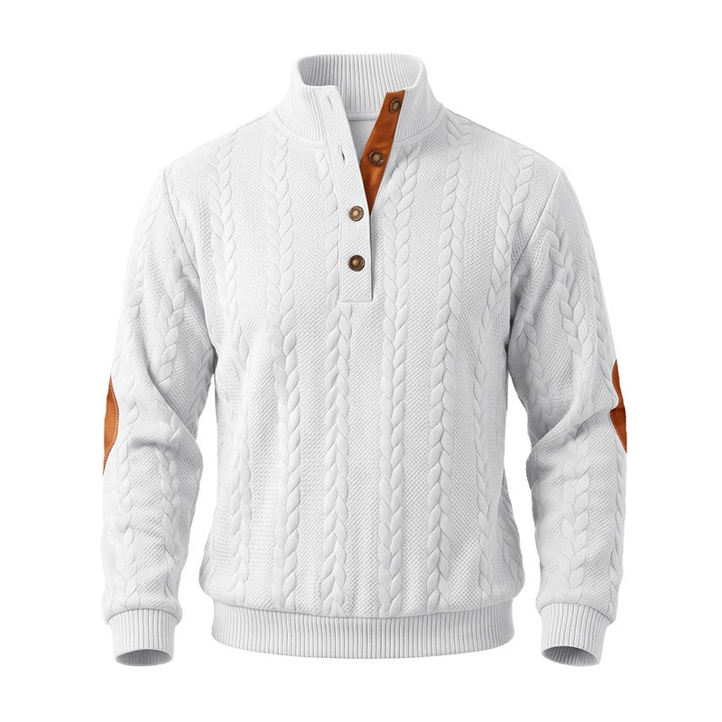 Men's Noble Cable Knit Sweater with Short Button Placket and Elbow Patches Mune Fashion