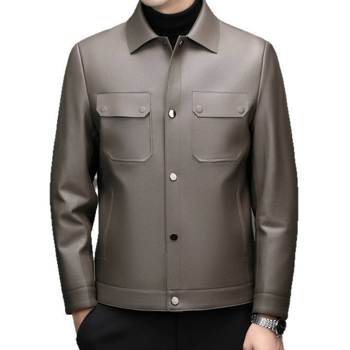 Men's leather jacket in shirt style with snap button closure and patched chest pockets Mune Fashion