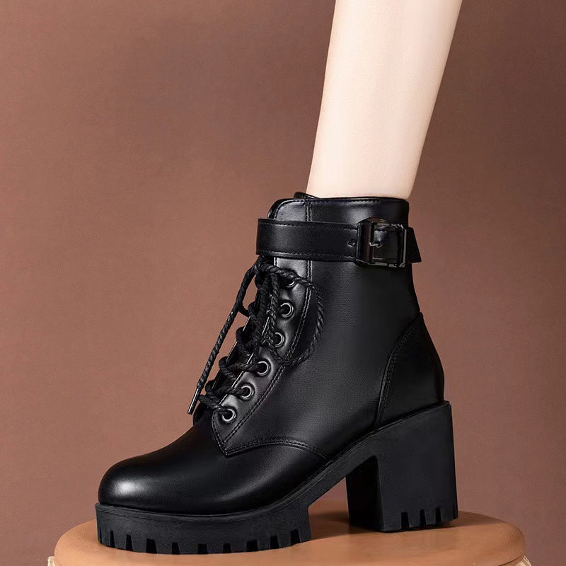 Women's platform lace-up ankle boots made of synthetic leather with profiled rubber sole and adjustable buckle strap Mune Fashion
