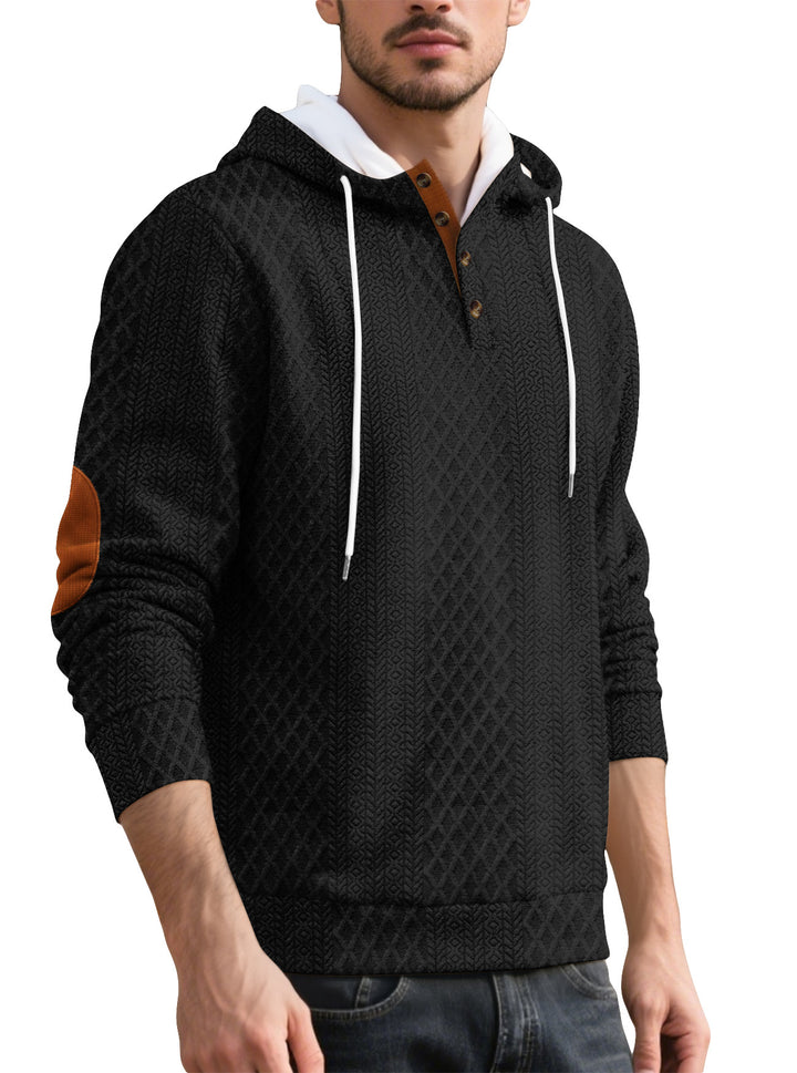 Men's nan diamond structure hoodie with short button placket, quilted hood inner edge, and suede elbow patch Mune Fashion