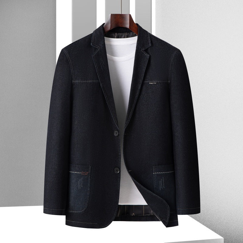 Men's Casual Denim Blazer with Patch Pockets and Light Stretch Mune Fashion