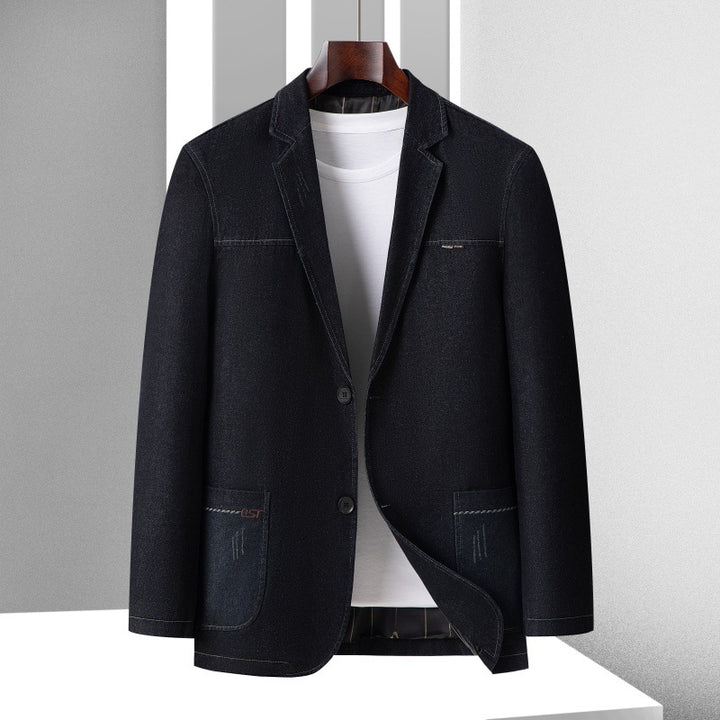 Men's Casual Denim Blazer with Patch Pockets and Light Stretch Mune Fashion