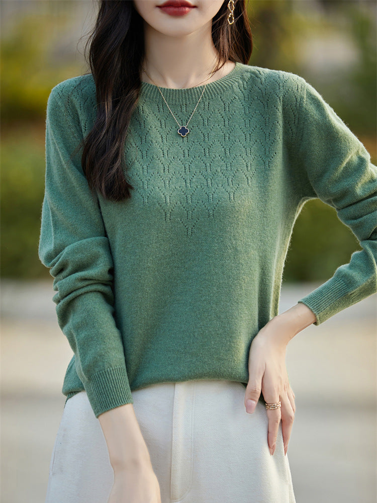 Women's Soft Round Neck Sweater in Cashmere Look with Fine Openwork Pattern and Snug Fit Mune Fashion