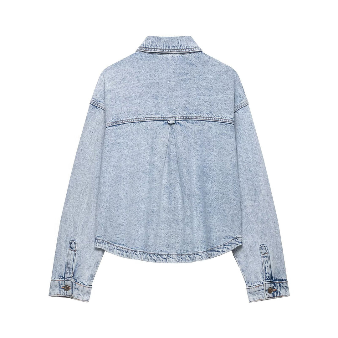 Women's Boxy Cropped Denim Work Jacket with Large Applied Front Pockets Mune Fashion