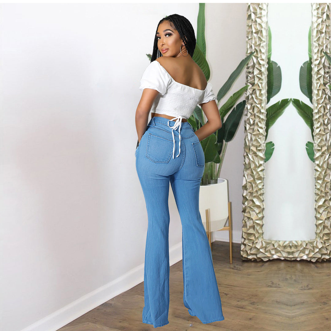 Women's high-waisted flared pants made of stretch denim with knee rips and shaping waistband Mune Fashion