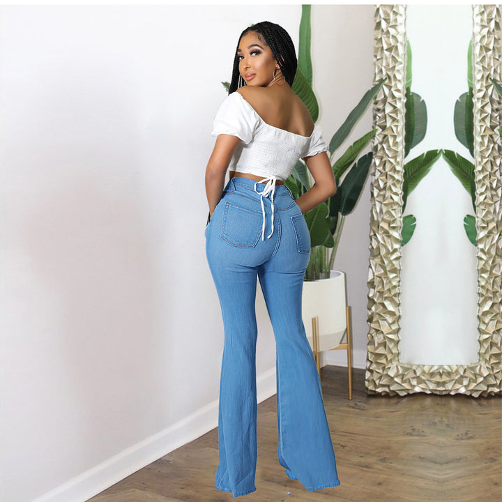 Women's high-waisted flared pants made of stretch denim with knee rips and shaping waistband Mune Fashion