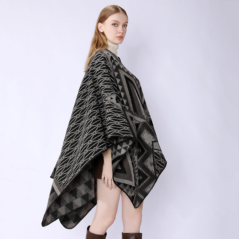 Women Structured Jacquard Poncho Overlay with Graphic Ethno Pattern and Open Kimono Fall Mune Fashion