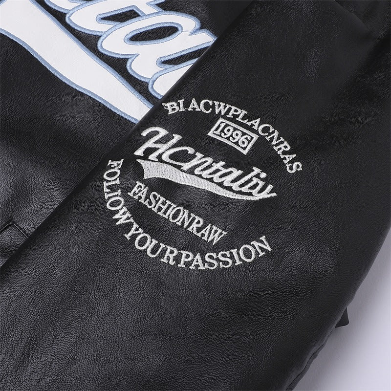 Men's Leather Look Bomber Jacket with Stand Collar, Logo Embroidery & Front Zip Mune Fashion