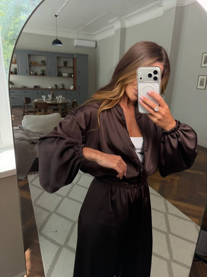 Ladies Satin Loungewear Set with short bomber jacket, balloon sleeves and wide trouser leg Mune Fashion