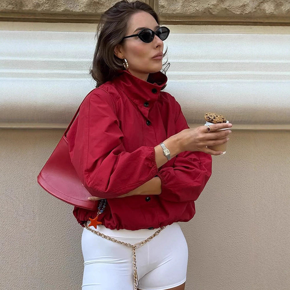 Women's Oversize Short Bomber Jacket with High Stand Collar, Concealed Snap Button Placket and Drawstring Hem Mune Fashion
