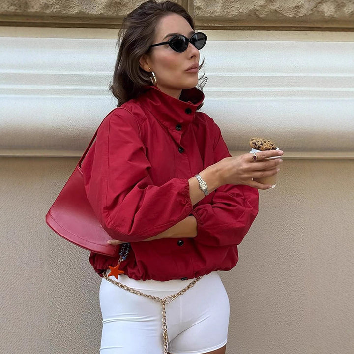 Women's Oversize Short Bomber Jacket with High Stand Collar, Concealed Snap Button Placket and Drawstring Hem Mune Fashion
