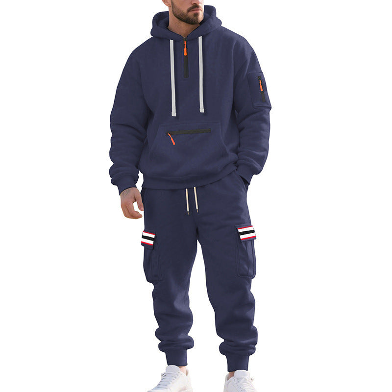 Men's Cargo Hoodie and Jogging Pants Set with Half Zip, Zipper Kangaroo Pocket and Elastic Drawstring Waist Mune Fashion