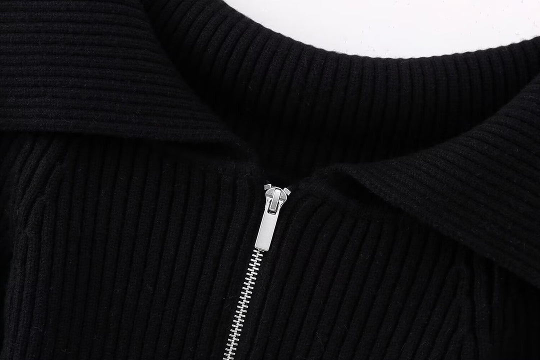 Women’s Short Cut Ribbed Knit Jacket with Wide Off-Shoulder Collar and Full-Length Zipper Mune Fashion