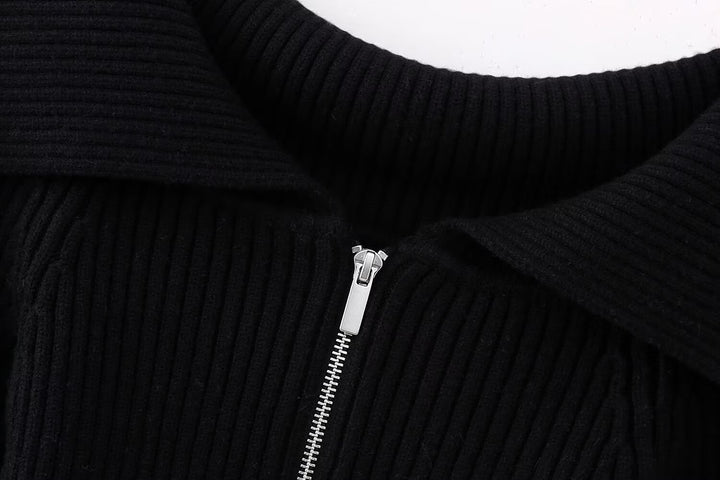 Women’s Short Cut Ribbed Knit Jacket with Wide Off-Shoulder Collar and Full-Length Zipper Mune Fashion
