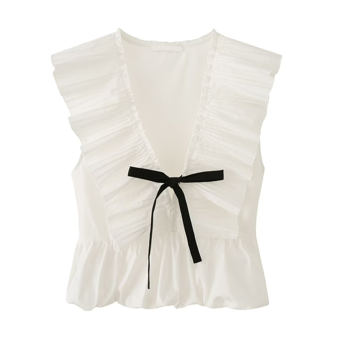 Ladies sleeveless ruffle blouse with deep V-neck, delicate pleated ruffle and tie bow detail